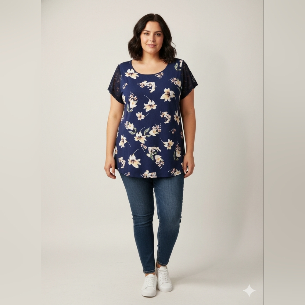 🌴 Loveappella Plus Size Blue Floral Navy Atherton Lace Sleeve Top NWOT